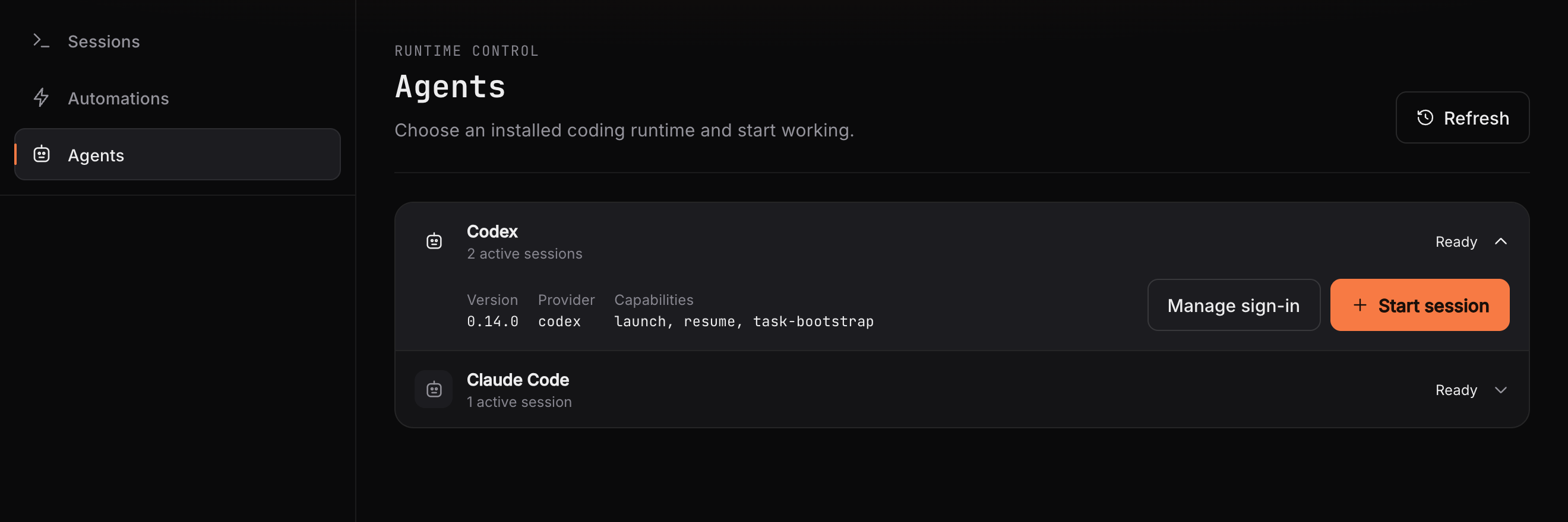 RoamCode Agents showing installed runtimes, versions, sign-in state, and capabilities