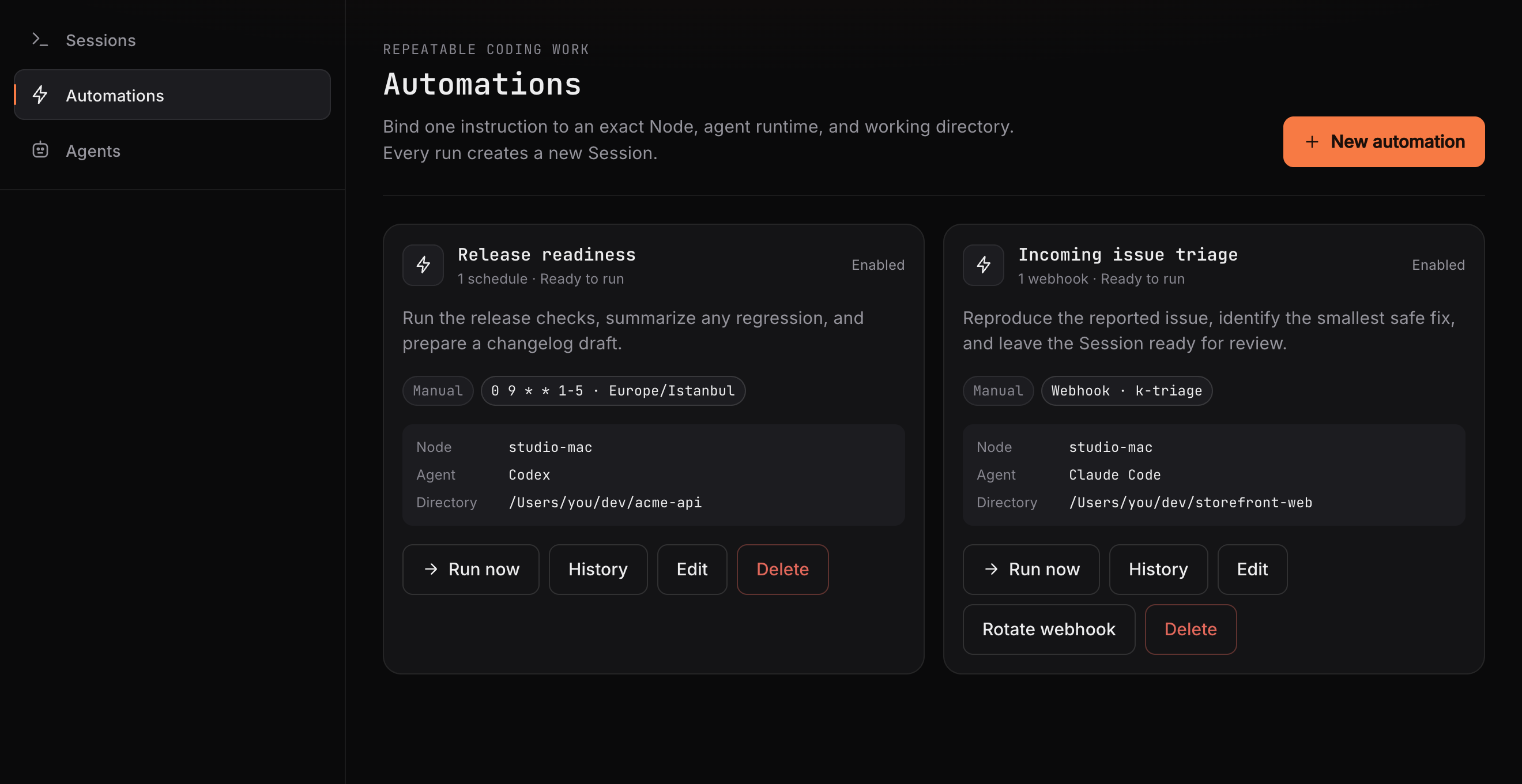 RoamCode Automations showing manual, schedule, and webhook triggers