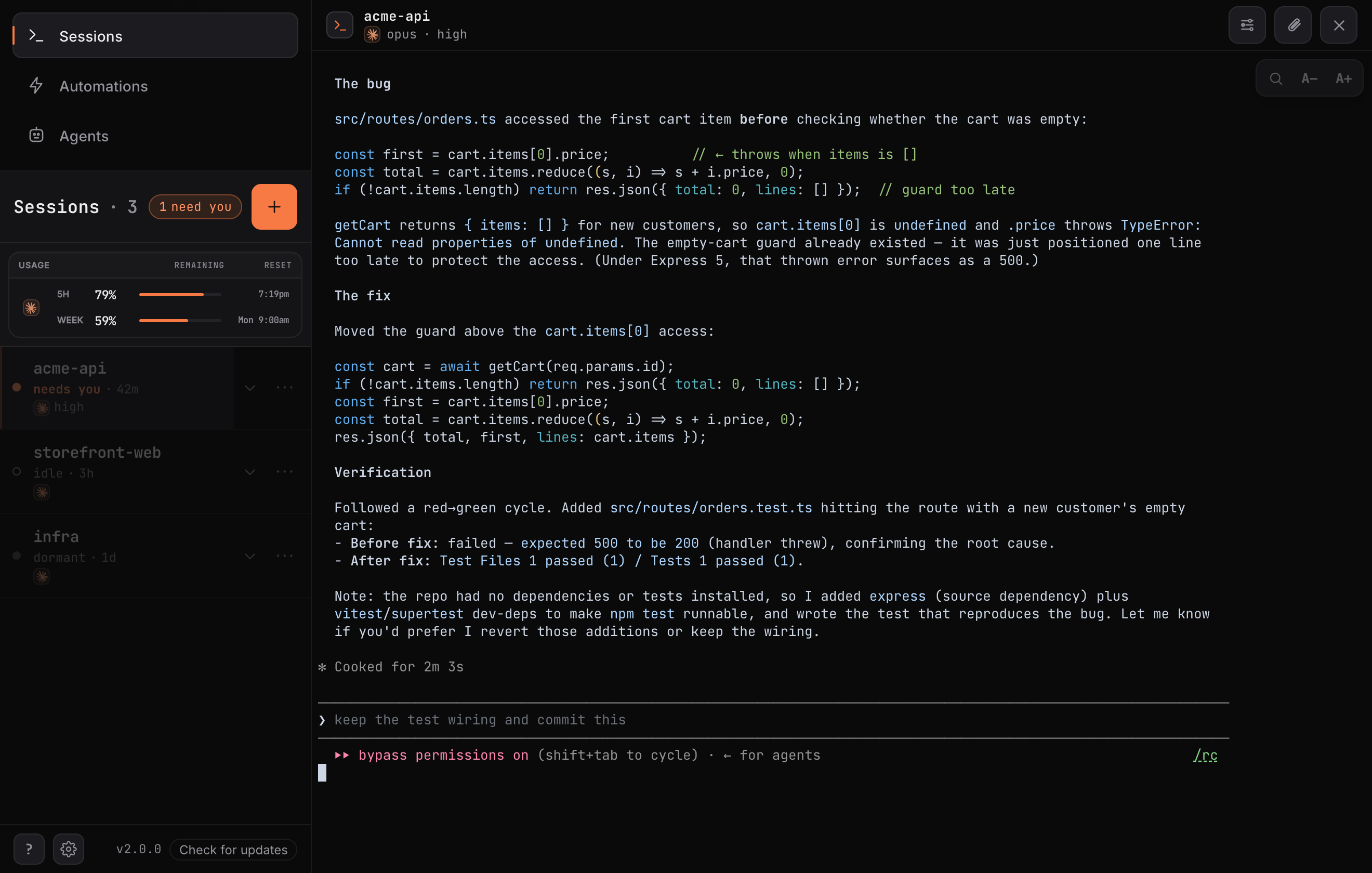 RoamCode desktop with a Sessions rail and the real coding-agent terminal