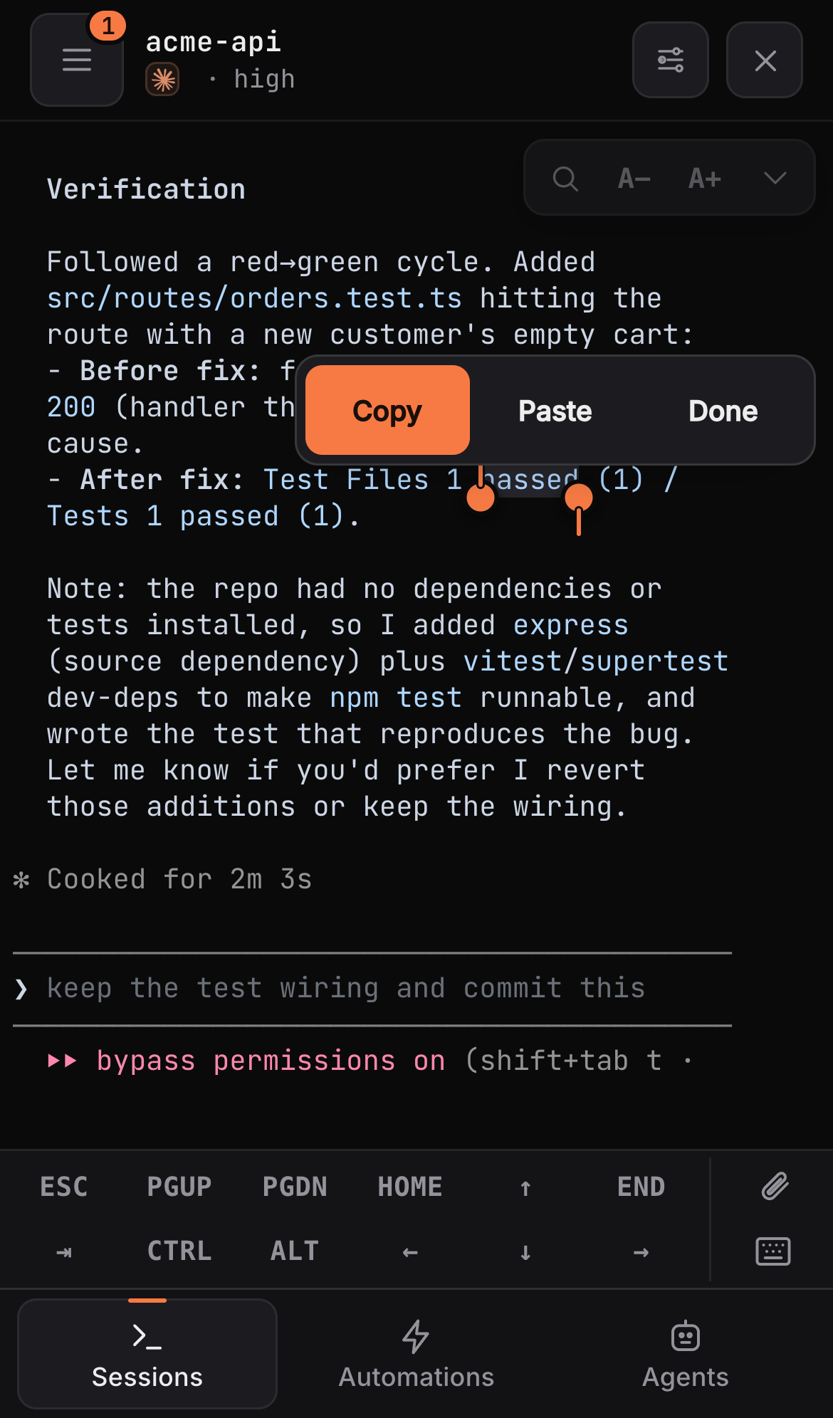 Terminal text selection, copy and paste controls, and the mobile key bar