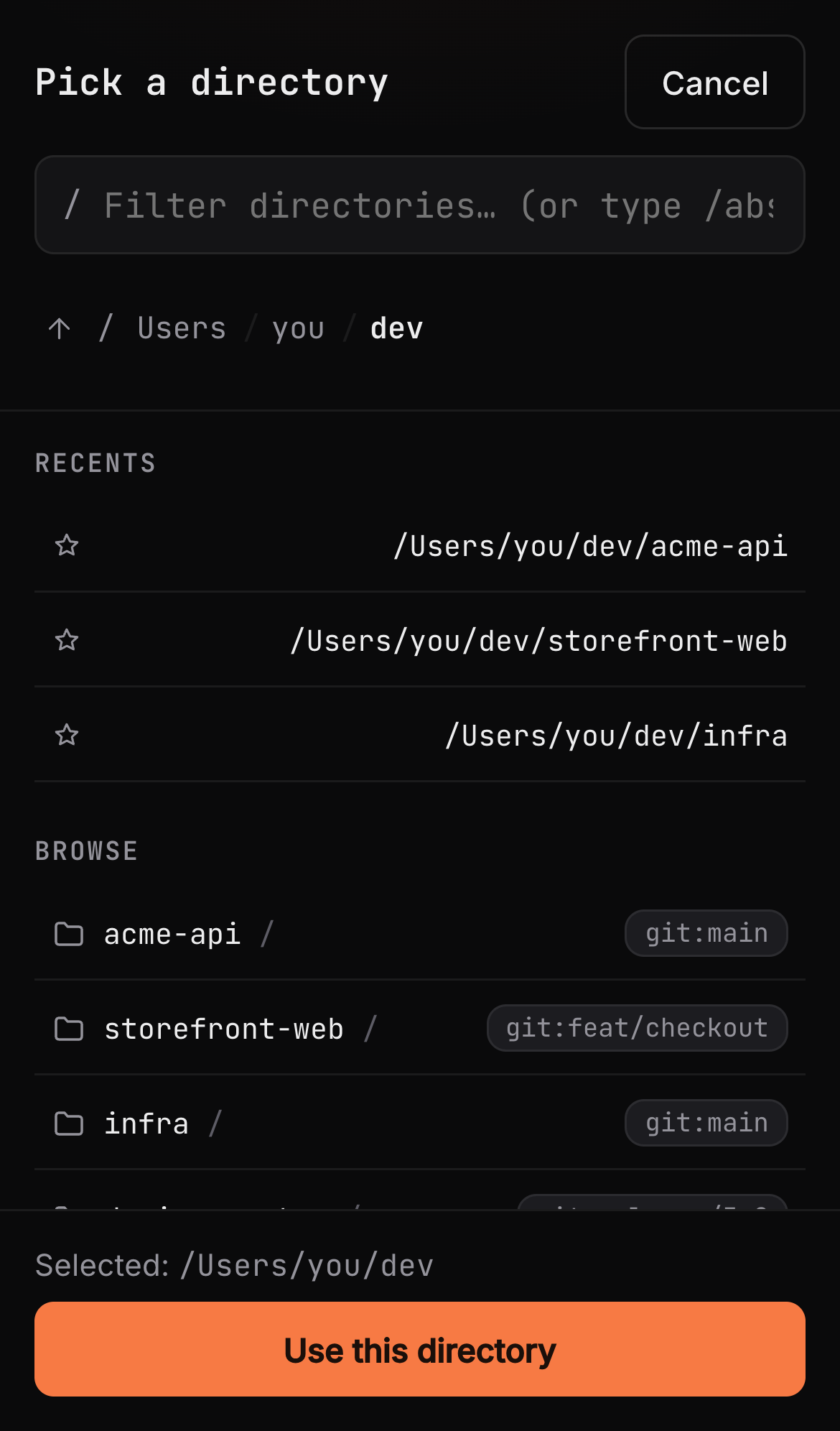 The Git-aware directory picker for a new mobile Session