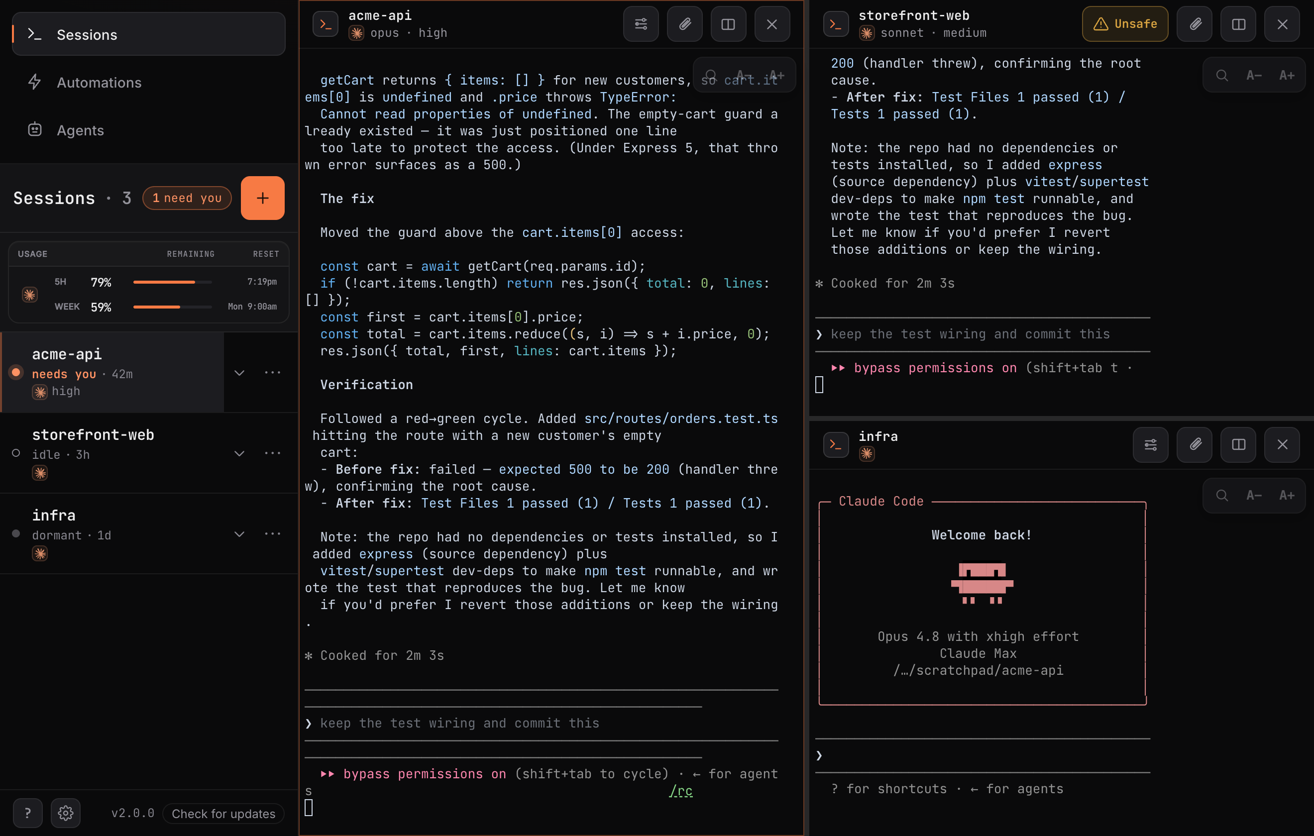 RoamCode Sessions rail beside three persistent coding-agent terminal panes